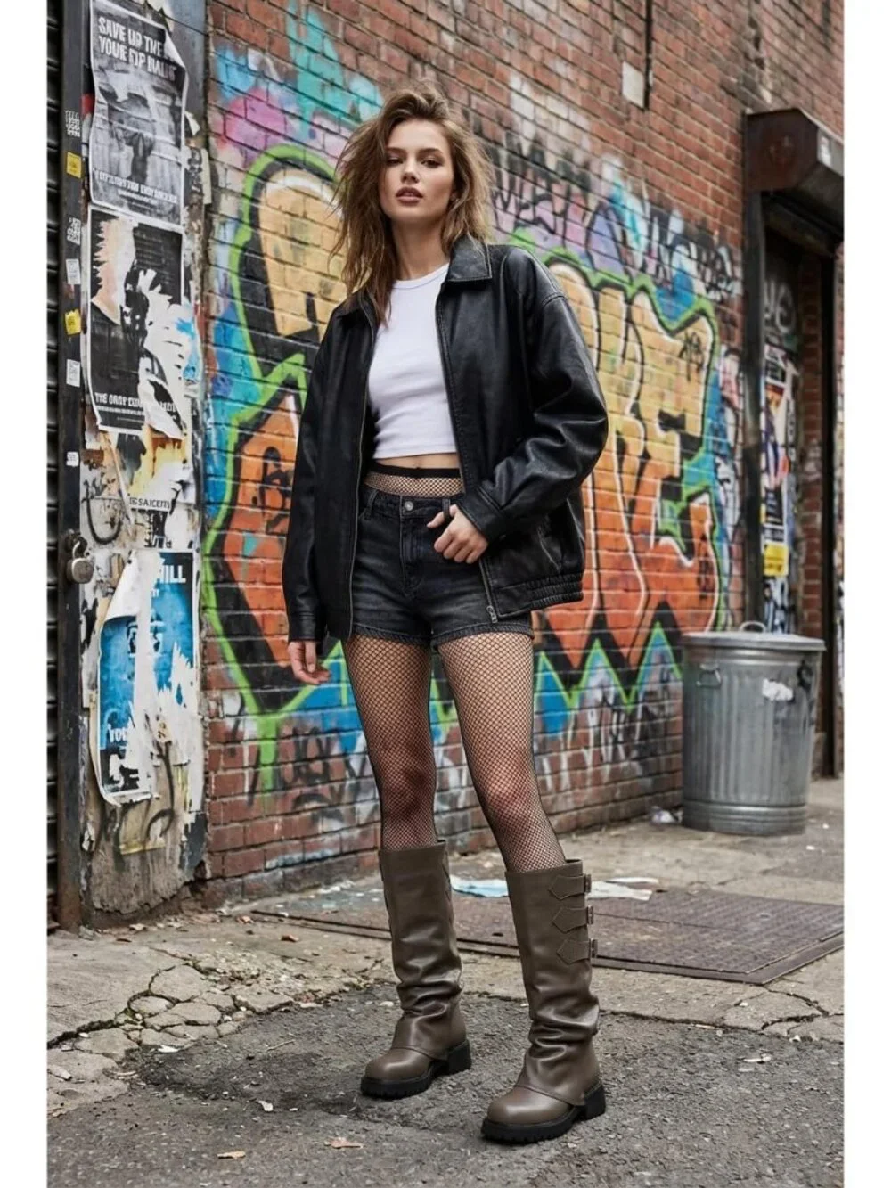 Women's Khaki Block Heeled Square Toe Fold Over Knee High Moto Riding Boots